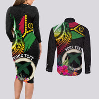 Vanuatu 44th Anniversary Couples Matching Long Sleeve Bodycon Dress and Long Sleeve Button Shirt Boars Tusk Tugeta Yumi Selebretem Indipendens Dei