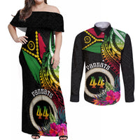 Vanuatu 44th Anniversary Couples Matching Off Shoulder Maxi Dress and Long Sleeve Button Shirt Boars Tusk Tugeta Yumi Selebretem Indipendens Dei