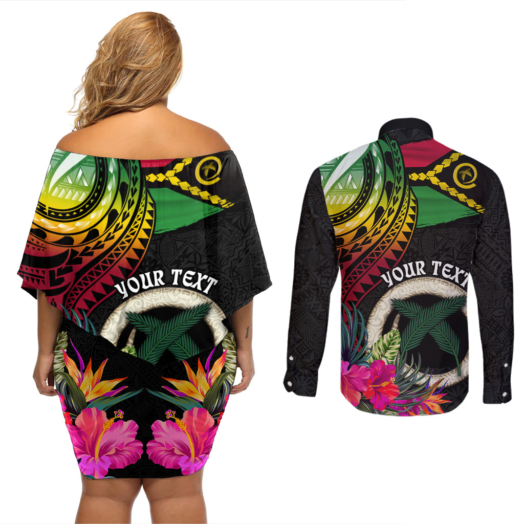 Vanuatu 44th Anniversary Couples Matching Off Shoulder Short Dress and Long Sleeve Button Shirt Boars Tusk Tugeta Yumi Selebretem Indipendens Dei