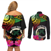 Vanuatu 44th Anniversary Couples Matching Off Shoulder Short Dress and Long Sleeve Button Shirt Boars Tusk Tugeta Yumi Selebretem Indipendens Dei