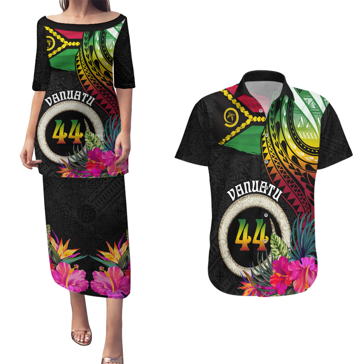 Vanuatu 44th Anniversary Couples Matching Puletasi and Hawaiian Shirt Boars Tusk Tugeta Yumi Selebretem Indipendens Dei