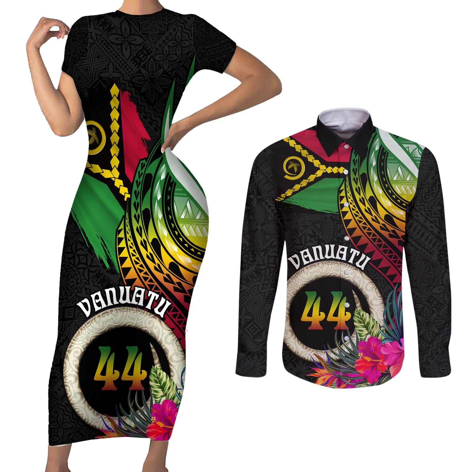 Vanuatu 44th Anniversary Couples Matching Short Sleeve Bodycon Dress and Long Sleeve Button Shirt Boars Tusk Tugeta Yumi Selebretem Indipendens Dei