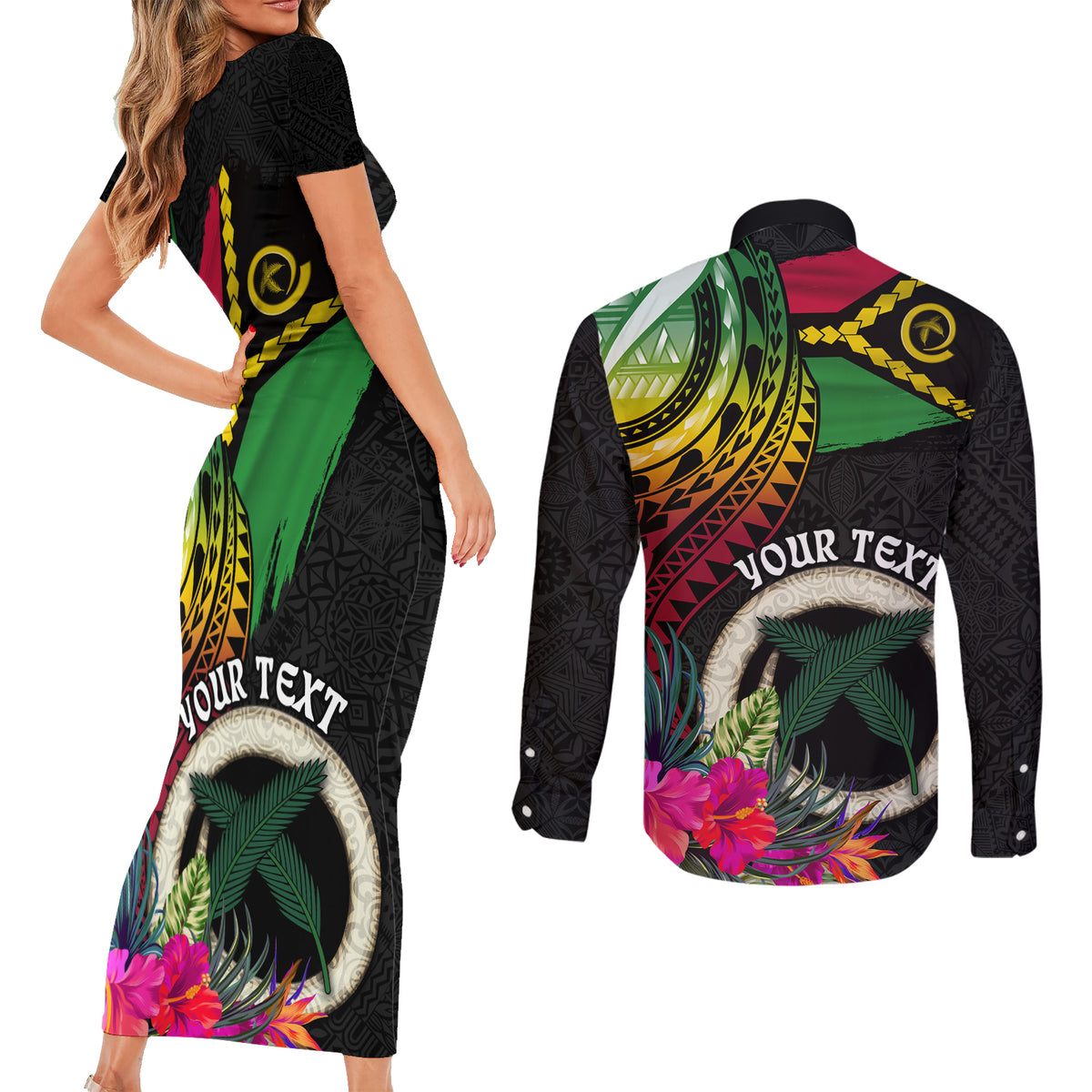 Vanuatu 44th Anniversary Couples Matching Short Sleeve Bodycon Dress and Long Sleeve Button Shirt Boars Tusk Tugeta Yumi Selebretem Indipendens Dei