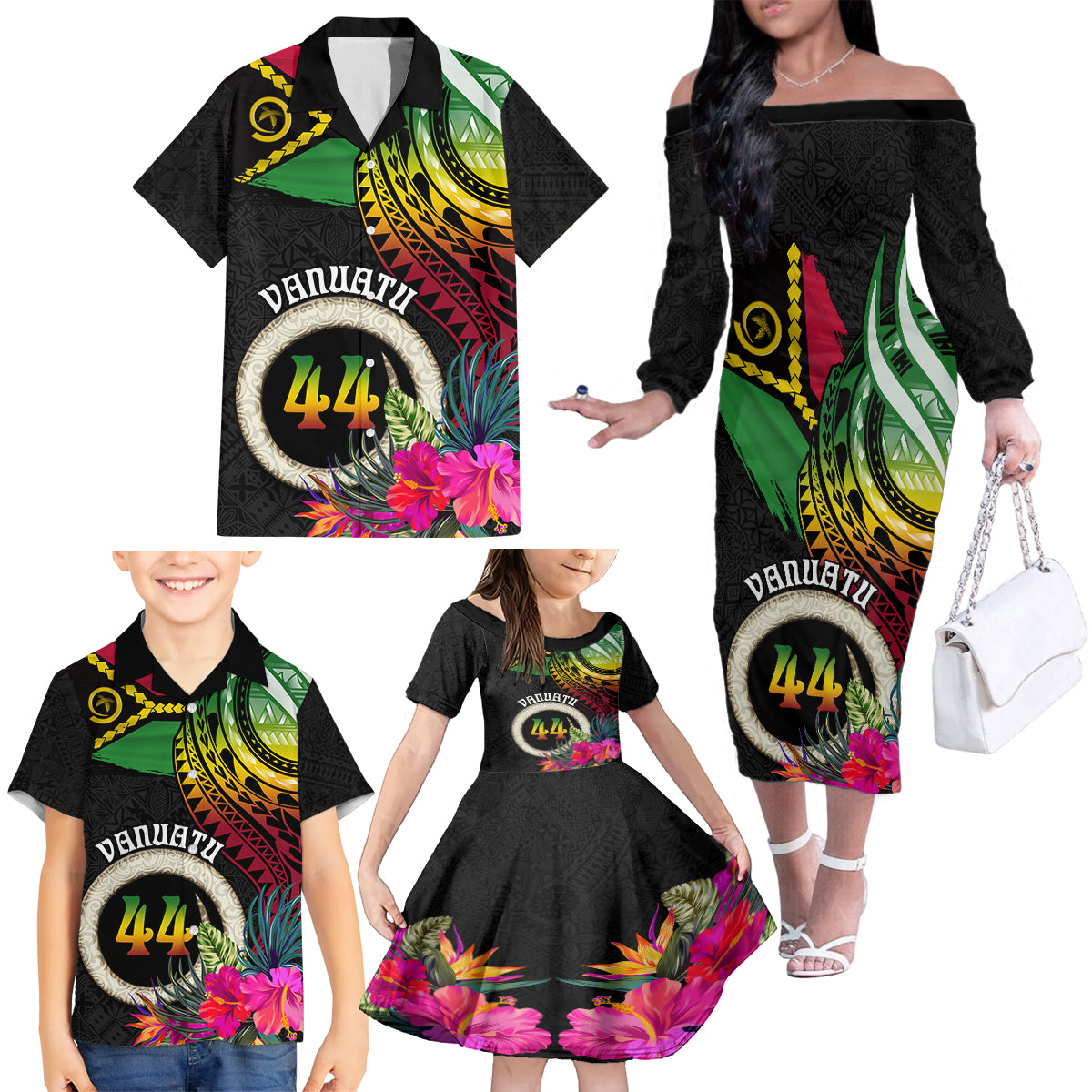 Personalised Vanuatu 44th Anniversary Family Matching Off The Shoulder Long Sleeve Dress and Hawaiian Shirt Boars Tusk Tugeta Yumi Selebretem Indipendens Dei LT03 - Polynesian Pride