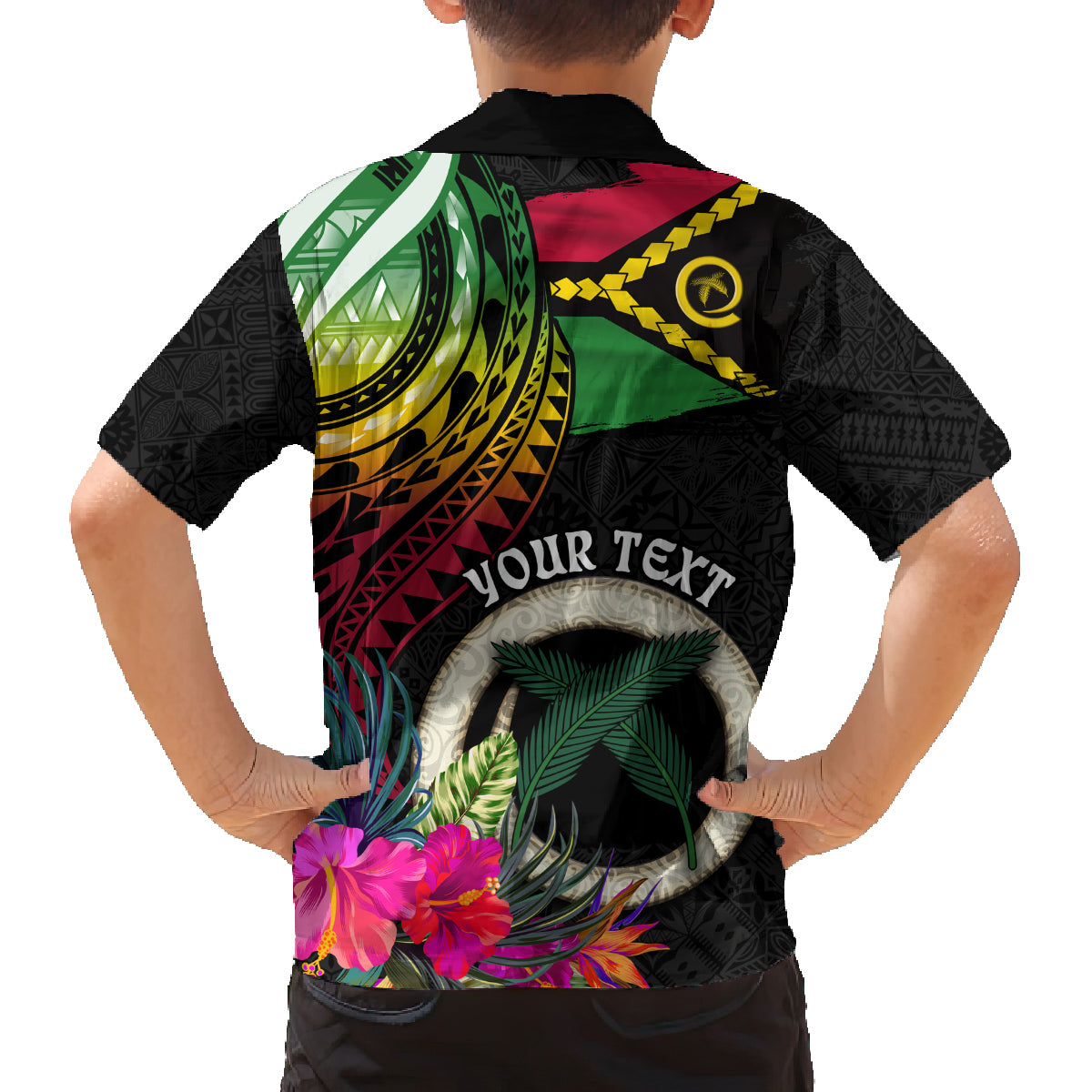 Personalised Vanuatu 44th Anniversary Family Matching Off Shoulder Short Dress and Hawaiian Shirt Boars Tusk Tugeta Yumi Selebretem Indipendens Dei LT03 - Polynesian Pride