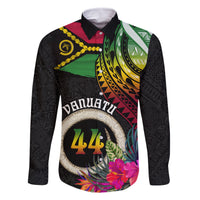 Personalised Vanuatu 44th Anniversary Family Matching Off Shoulder Short Dress and Hawaiian Shirt Boars Tusk Tugeta Yumi Selebretem Indipendens Dei LT03 Dad's Shirt - Long Sleeve Black - Polynesian Pride
