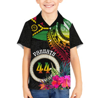 Personalised Vanuatu 44th Anniversary Family Matching Off Shoulder Short Dress and Hawaiian Shirt Boars Tusk Tugeta Yumi Selebretem Indipendens Dei LT03 Son's Shirt Black - Polynesian Pride