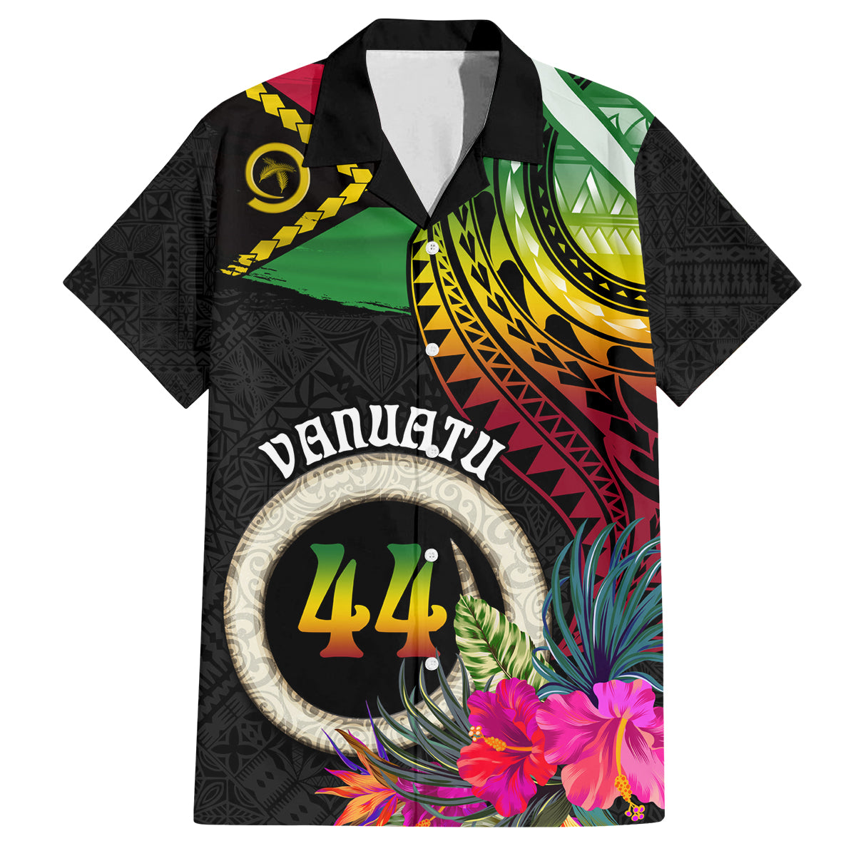 Personalised Vanuatu 44th Anniversary Family Matching Puletasi and Hawaiian Shirt Boars Tusk Tugeta Yumi Selebretem Indipendens Dei LT03 Dad's Shirt - Short Sleeve Black - Polynesian Pride