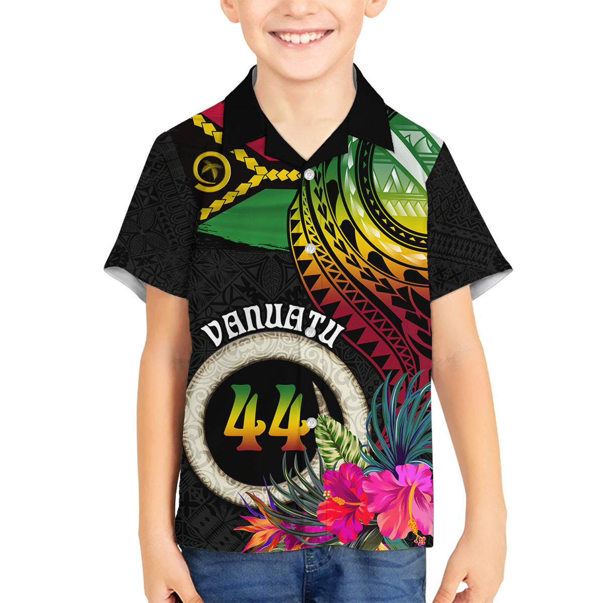 Personalised Vanuatu 44th Anniversary Family Matching Puletasi and Hawaiian Shirt Boars Tusk Tugeta Yumi Selebretem Indipendens Dei LT03 Son's Shirt Black - Polynesian Pride