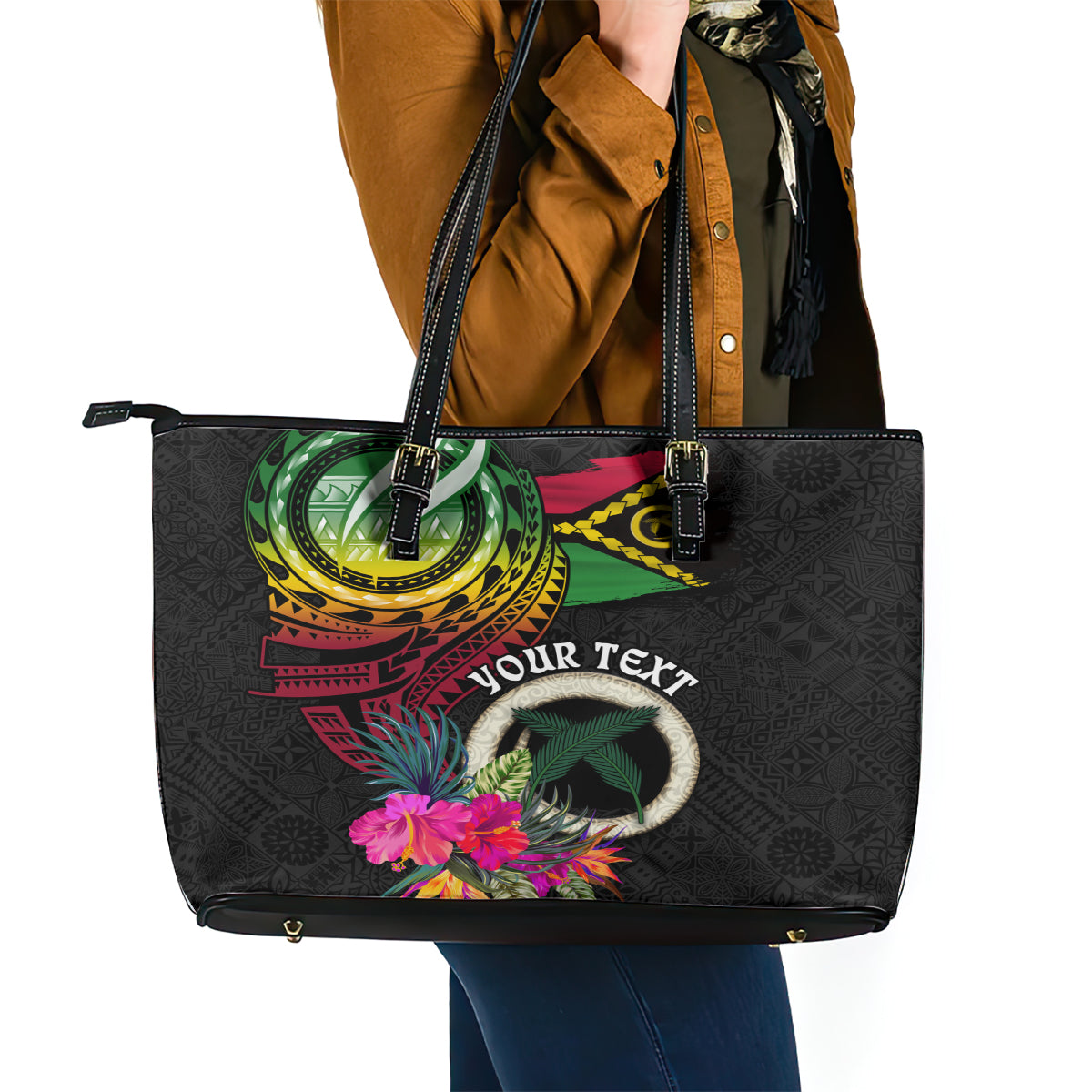 Personalised Vanuatu 44th Anniversary Leather Tote Bag Boars Tusk Tugeta Yumi Selebretem Indipendens Dei LT03 - Polynesian Pride