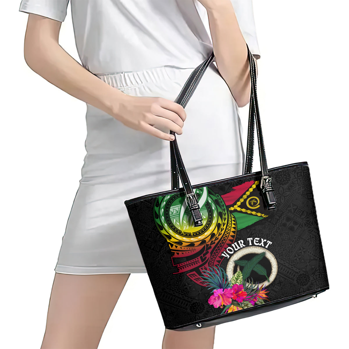 Personalised Vanuatu 44th Anniversary Leather Tote Bag Boars Tusk Tugeta Yumi Selebretem Indipendens Dei LT03 - Polynesian Pride