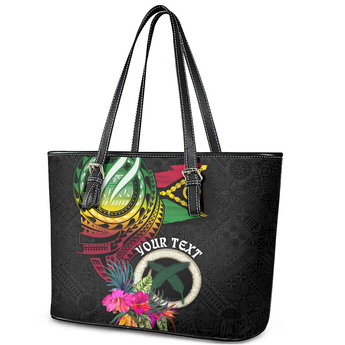 Personalised Vanuatu 44th Anniversary Leather Tote Bag Boars Tusk Tugeta Yumi Selebretem Indipendens Dei LT03 - Polynesian Pride