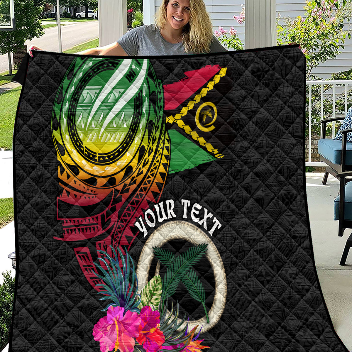Personalised Vanuatu 44th Anniversary Quilt Boars Tusk Tugeta Yumi Selebretem Indipendens Dei LT03 Black - Polynesian Pride