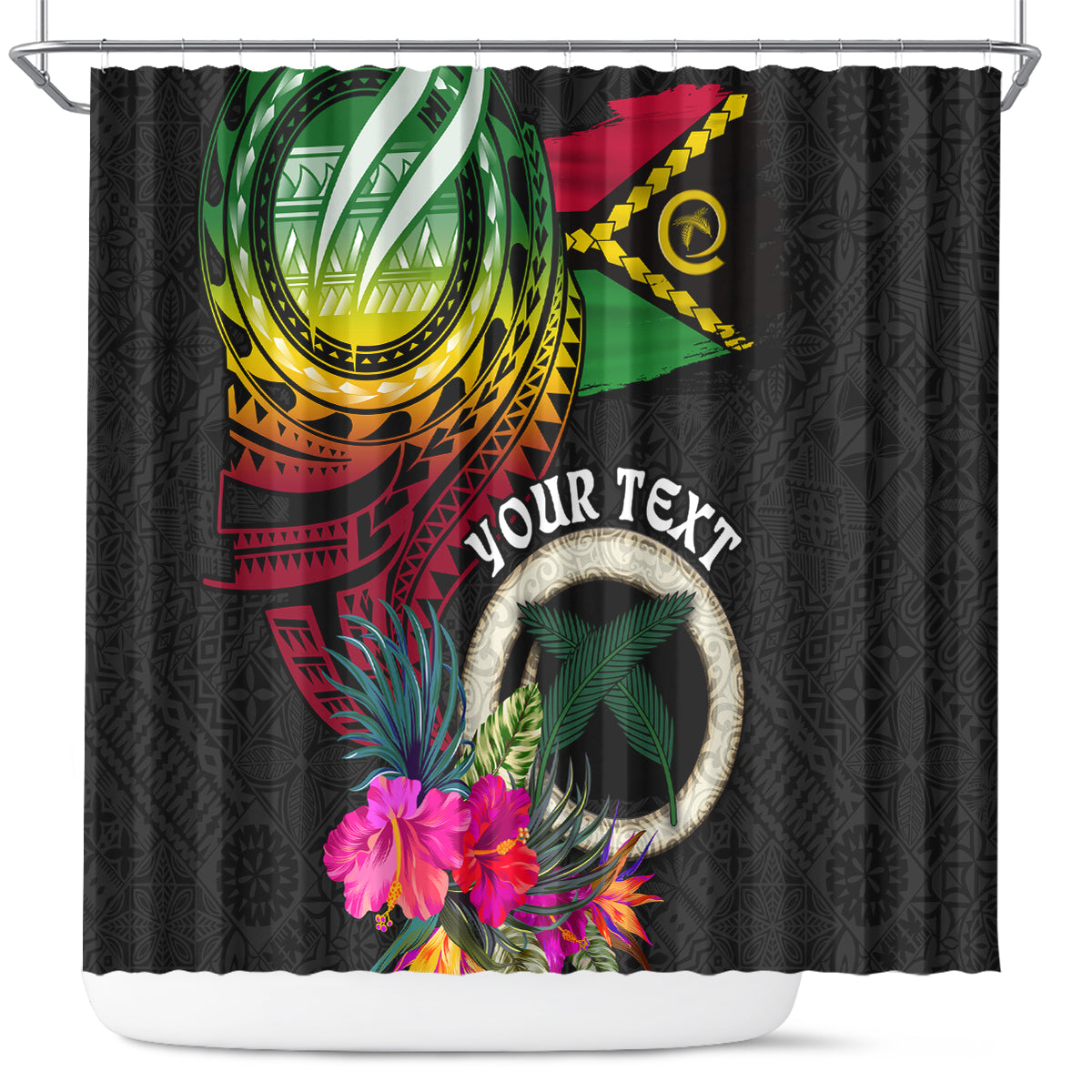 Personalised Vanuatu 44th Anniversary Shower Curtain Boars Tusk Tugeta Yumi Selebretem Indipendens Dei LT03 Black - Polynesian Pride