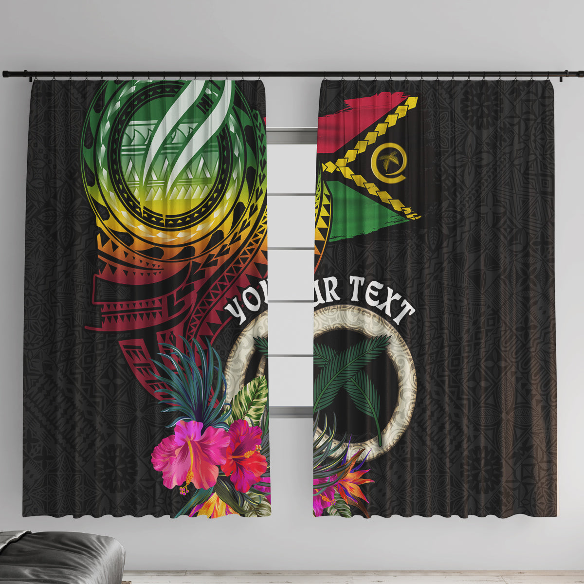 Personalised Vanuatu 44th Anniversary Window Curtain Boars Tusk Tugeta Yumi Selebretem Indipendens Dei LT03 With Hooks Black - Polynesian Pride