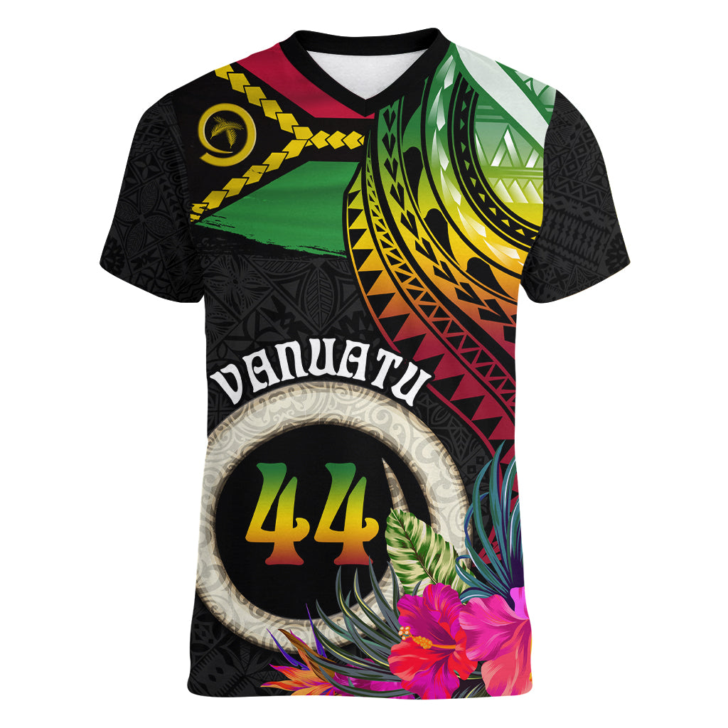 Vanuatu 44th Anniversary Women V-Neck T-Shirt Boars Tusk Tugeta Yumi Selebretem Indipendens Dei