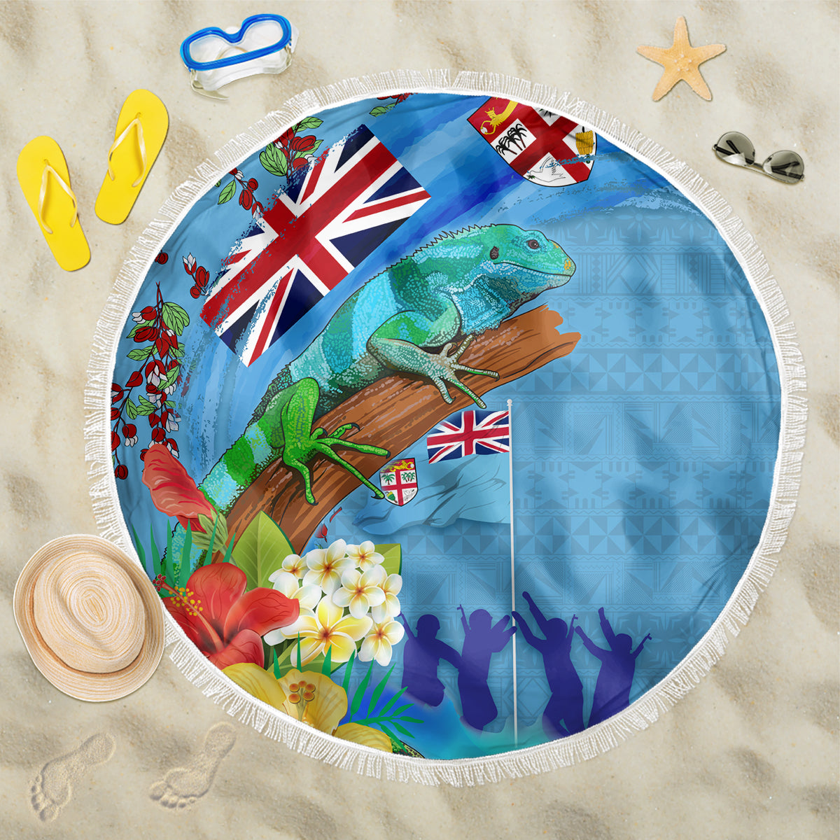 Fiji Day Beach Blanket Tagimoucia Flower and Melanesia Pattern LT03 One Size 150cm Blue - Polynesian Pride