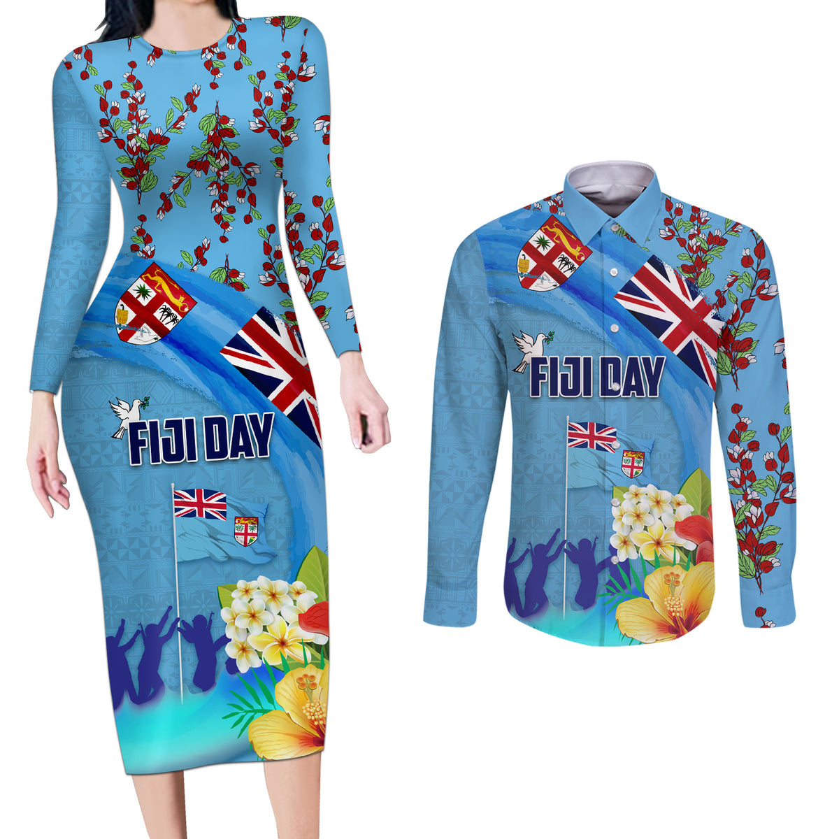 Fiji Day Couples Matching Long Sleeve Bodycon Dress and Long Sleeve Button Shirt Tagimoucia Flower and Melanesia Pattern
