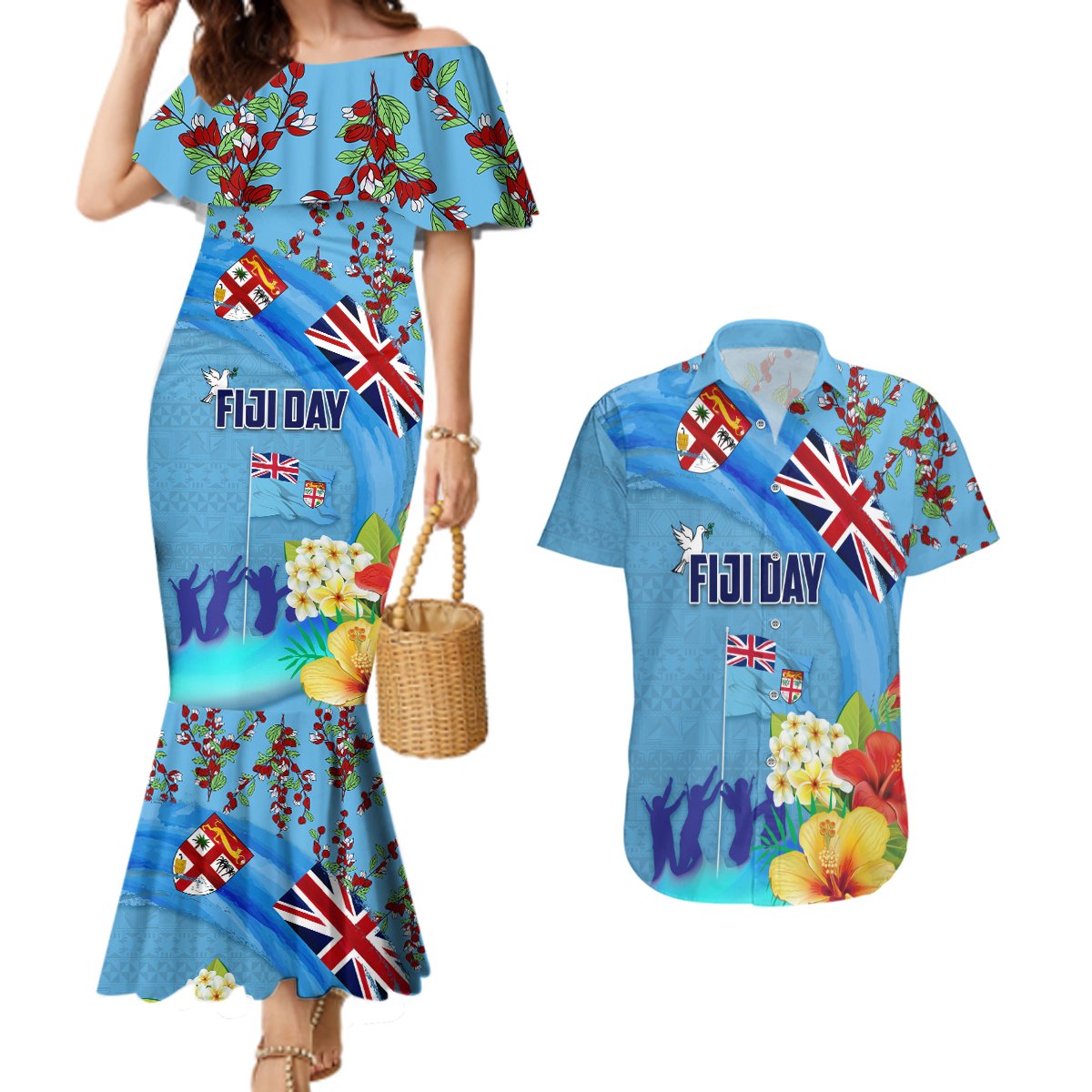 Fiji Day Couples Matching Mermaid Dress and Hawaiian Shirt Tagimoucia Flower and Melanesia Pattern LT03 Blue - Polynesian Pride