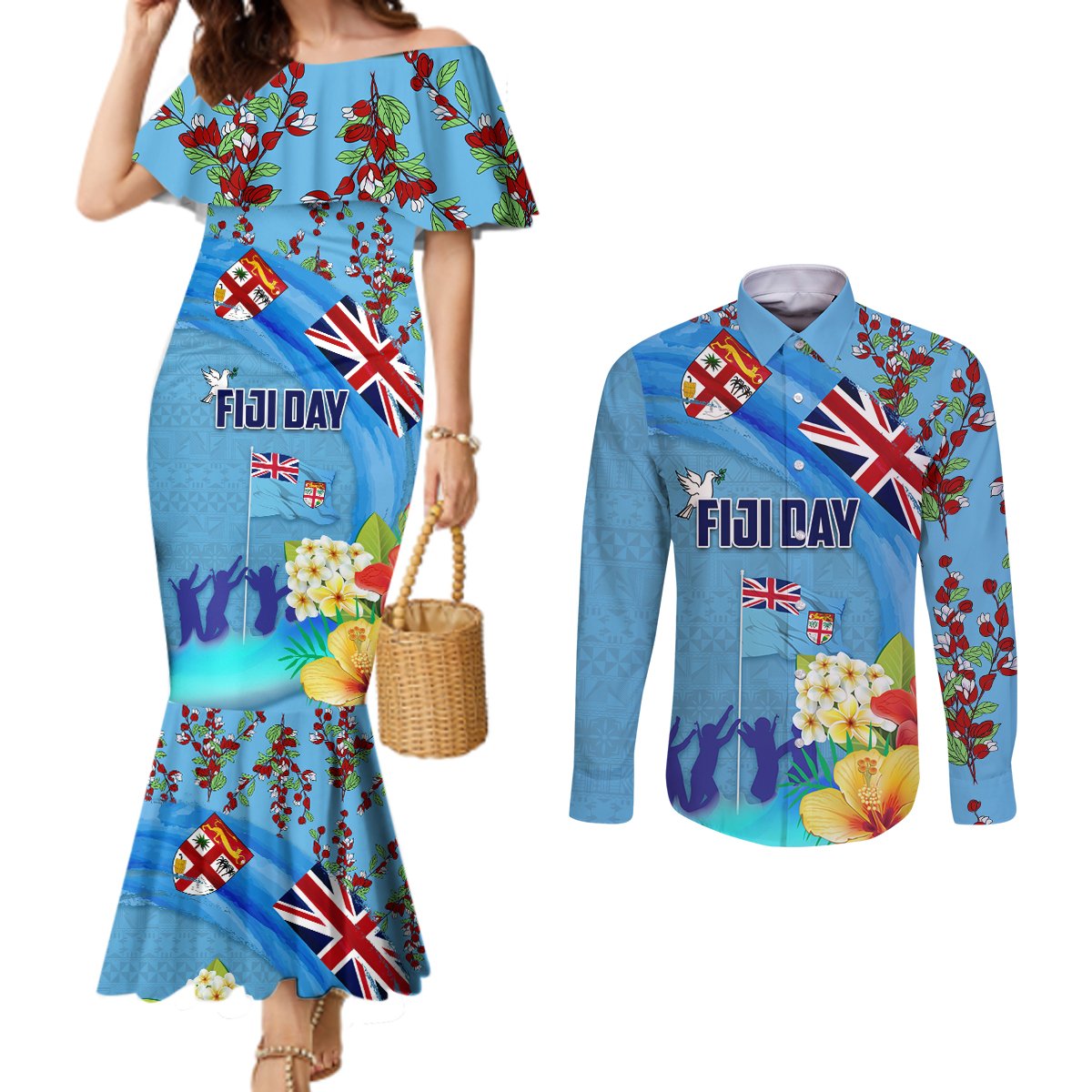 Fiji Day Couples Matching Mermaid Dress and Long Sleeve Button Shirt Tagimoucia Flower and Melanesia Pattern LT03 Blue - Polynesian Pride