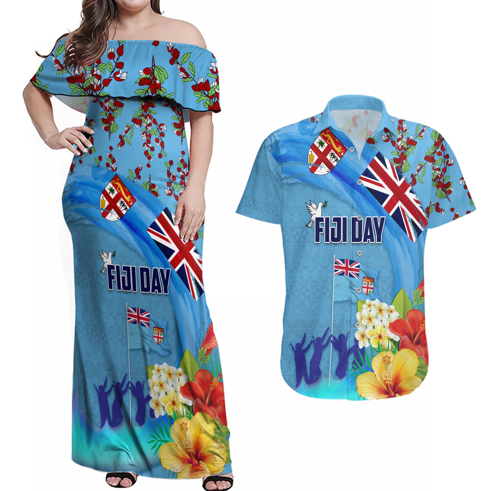 Fiji Day Couples Matching Off Shoulder Maxi Dress and Hawaiian Shirt Tagimoucia Flower and Melanesia Pattern LT03 Blue - Polynesian Pride