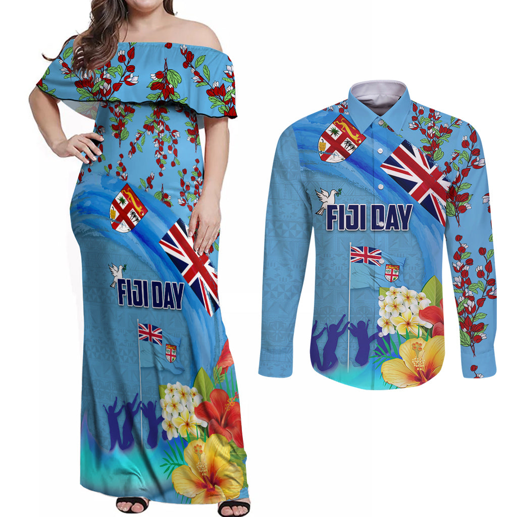 Fiji Day Couples Matching Off Shoulder Maxi Dress and Long Sleeve Button Shirt Tagimoucia Flower and Melanesia Pattern LT03 Blue - Polynesian Pride
