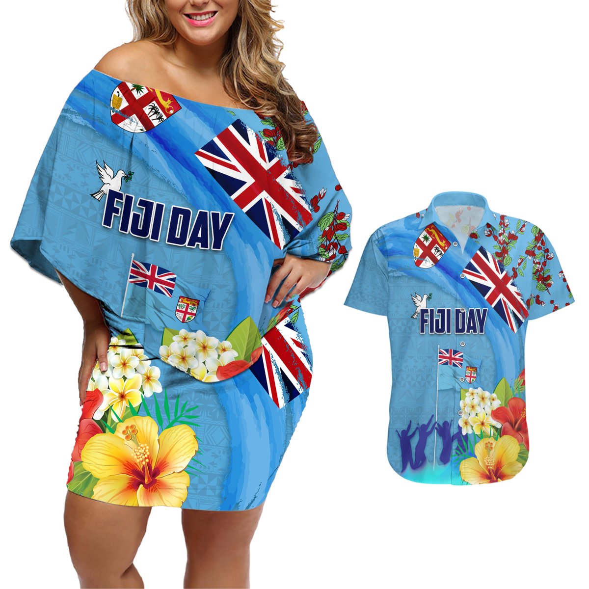 Fiji Day Couples Matching Off Shoulder Short Dress and Hawaiian Shirt Tagimoucia Flower and Melanesia Pattern LT03 Blue - Polynesian Pride