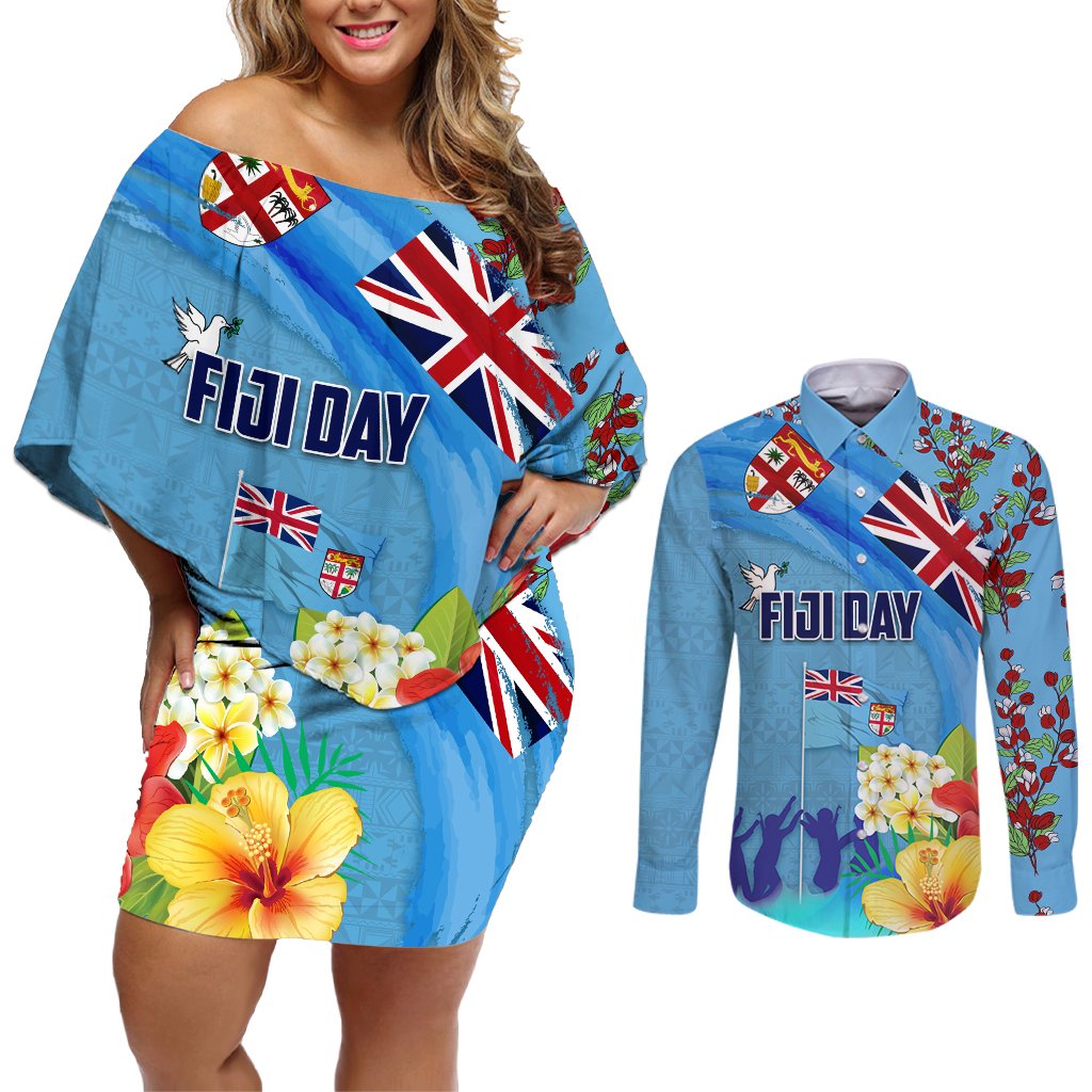Fiji Day Couples Matching Off Shoulder Short Dress and Long Sleeve Button Shirt Tagimoucia Flower and Melanesia Pattern LT03 Blue - Polynesian Pride