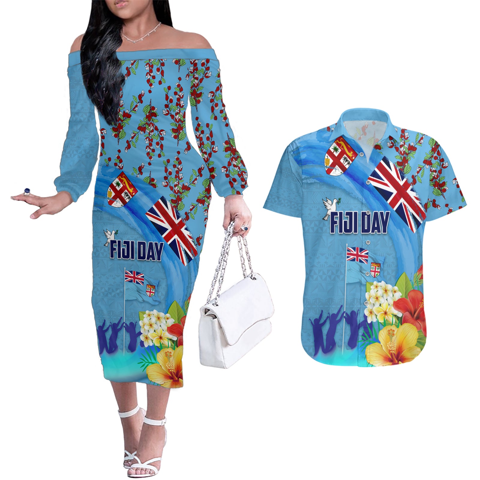 Fiji Day Couples Matching Off The Shoulder Long Sleeve Dress and Hawaiian Shirt Tagimoucia Flower and Melanesia Pattern LT03 Blue - Polynesian Pride