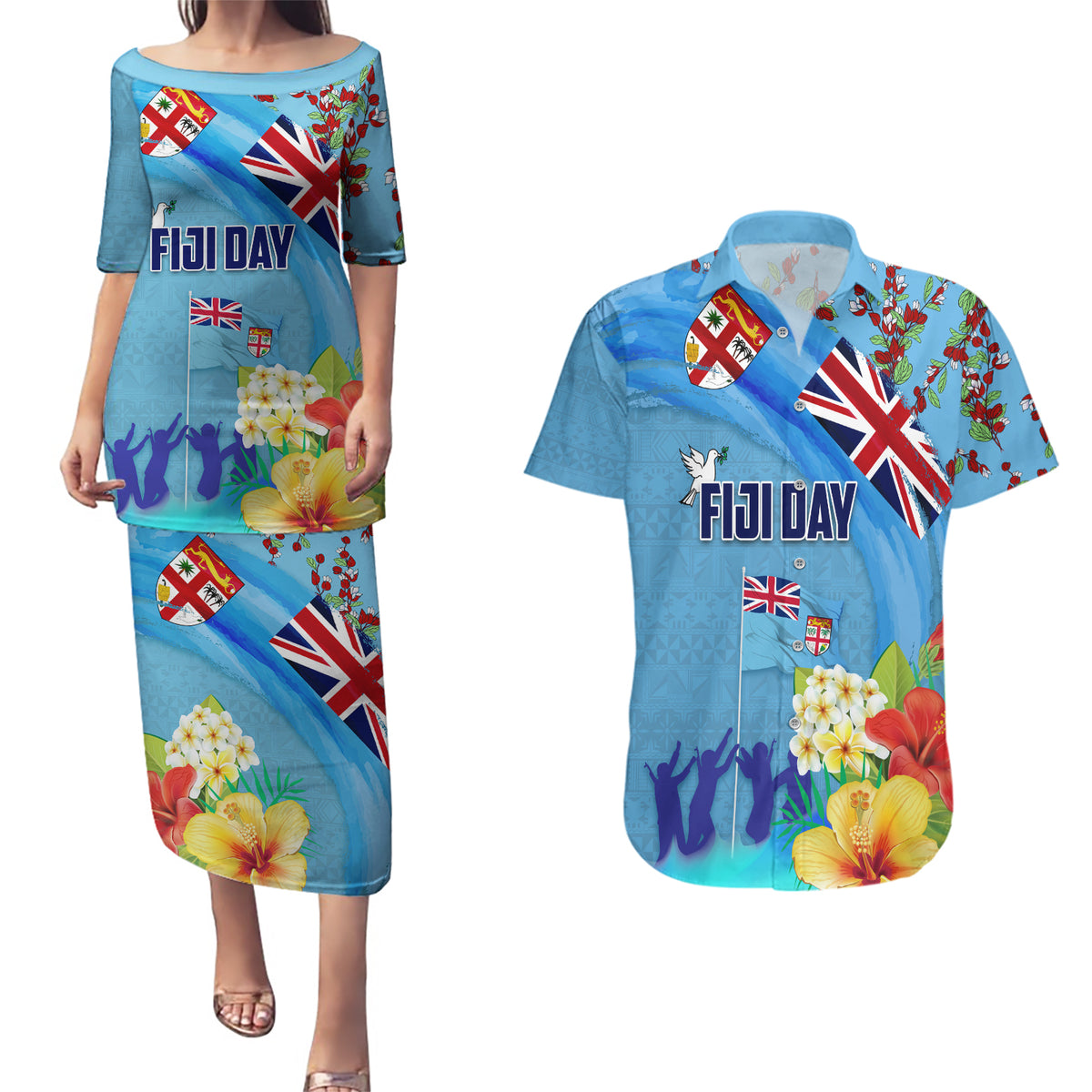 Fiji Day Couples Matching Puletasi and Hawaiian Shirt Tagimoucia Flower and Melanesia Pattern