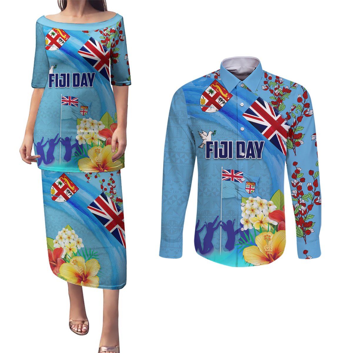 Fiji Day Couples Matching Puletasi and Long Sleeve Button Shirt Tagimoucia Flower and Melanesia Pattern LT03 Blue - Polynesian Pride