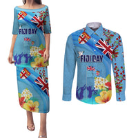 Fiji Day Couples Matching Puletasi and Long Sleeve Button Shirt Tagimoucia Flower and Melanesia Pattern