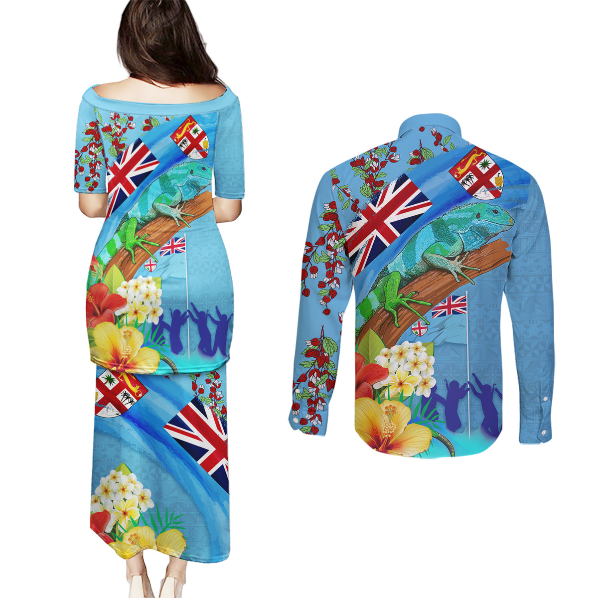 Fiji Day Couples Matching Puletasi and Long Sleeve Button Shirt Tagimoucia Flower and Melanesia Pattern