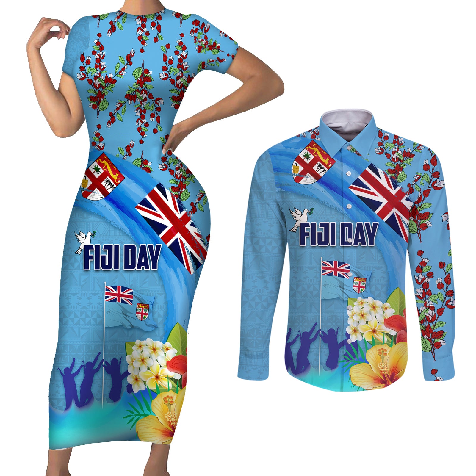 Fiji Day Couples Matching Short Sleeve Bodycon Dress and Long Sleeve Button Shirt Tagimoucia Flower and Melanesia Pattern LT03 Blue - Polynesian Pride