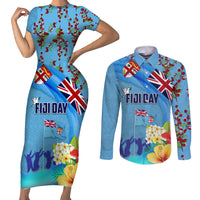 Fiji Day Couples Matching Short Sleeve Bodycon Dress and Long Sleeve Button Shirt Tagimoucia Flower and Melanesia Pattern