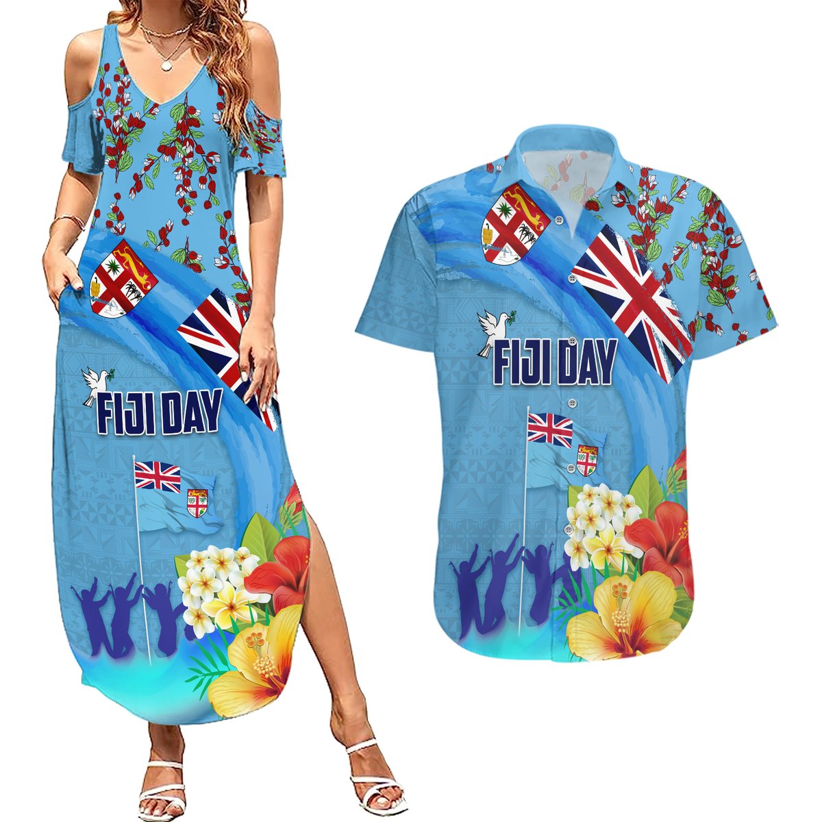 Fiji Day Couples Matching Summer Maxi Dress and Hawaiian Shirt Tagimoucia Flower and Melanesia Pattern LT03 Blue - Polynesian Pride