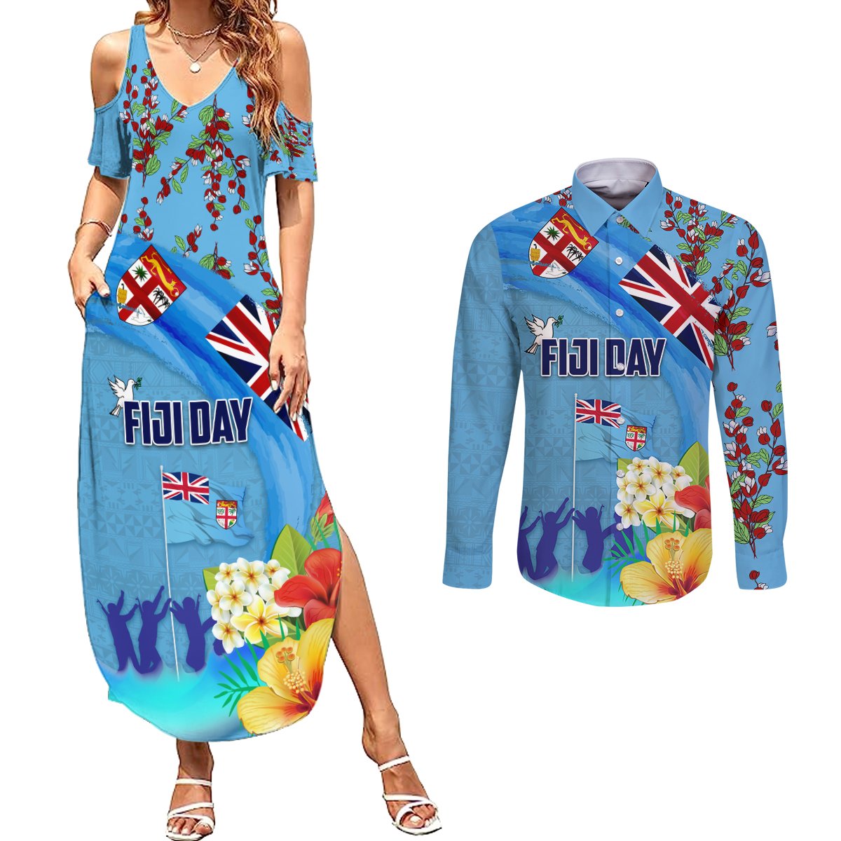 Fiji Day Couples Matching Summer Maxi Dress and Long Sleeve Button Shirt Tagimoucia Flower and Melanesia Pattern LT03 Blue - Polynesian Pride