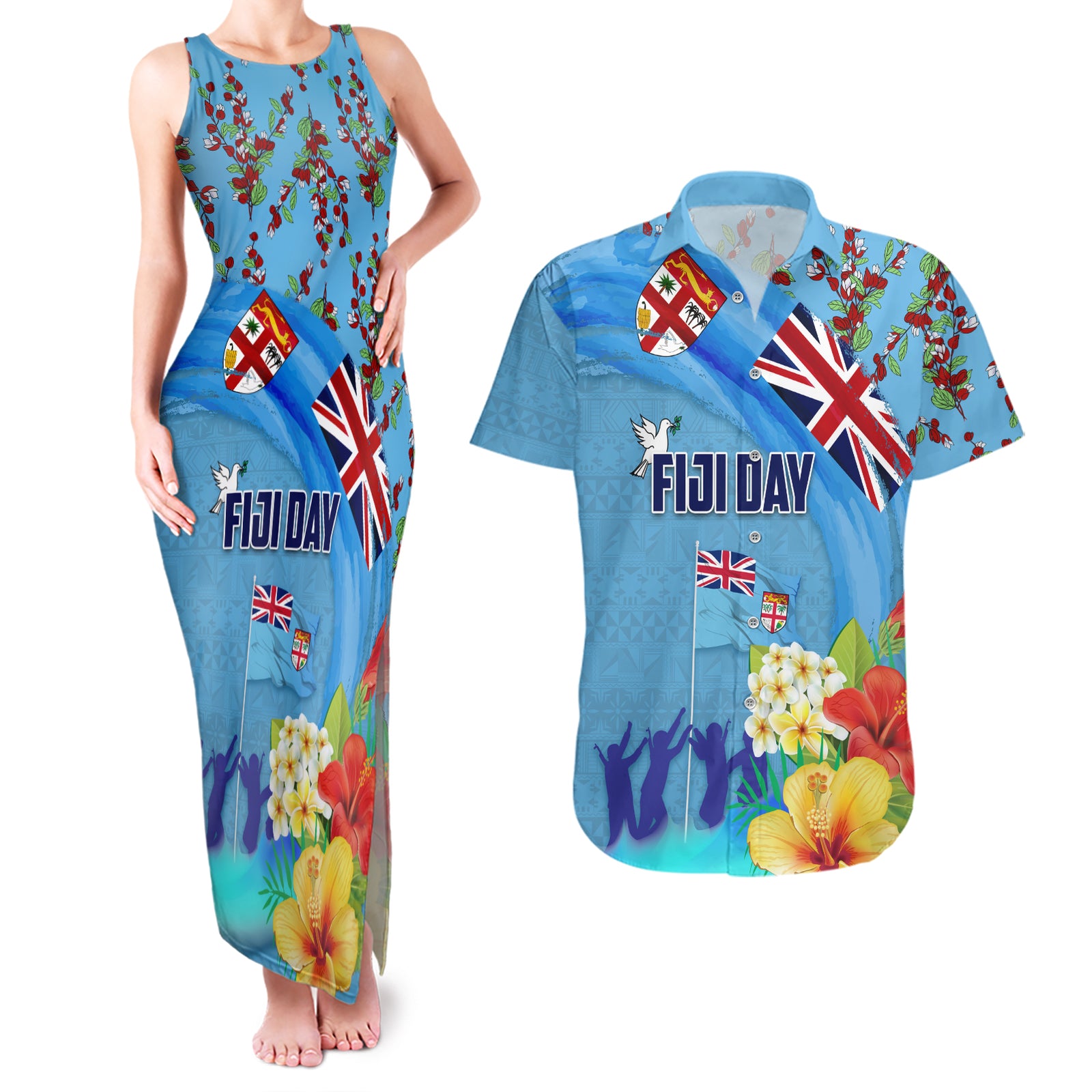 Fiji Day Couples Matching Tank Maxi Dress and Hawaiian Shirt Tagimoucia Flower and Melanesia Pattern LT03 Blue - Polynesian Pride
