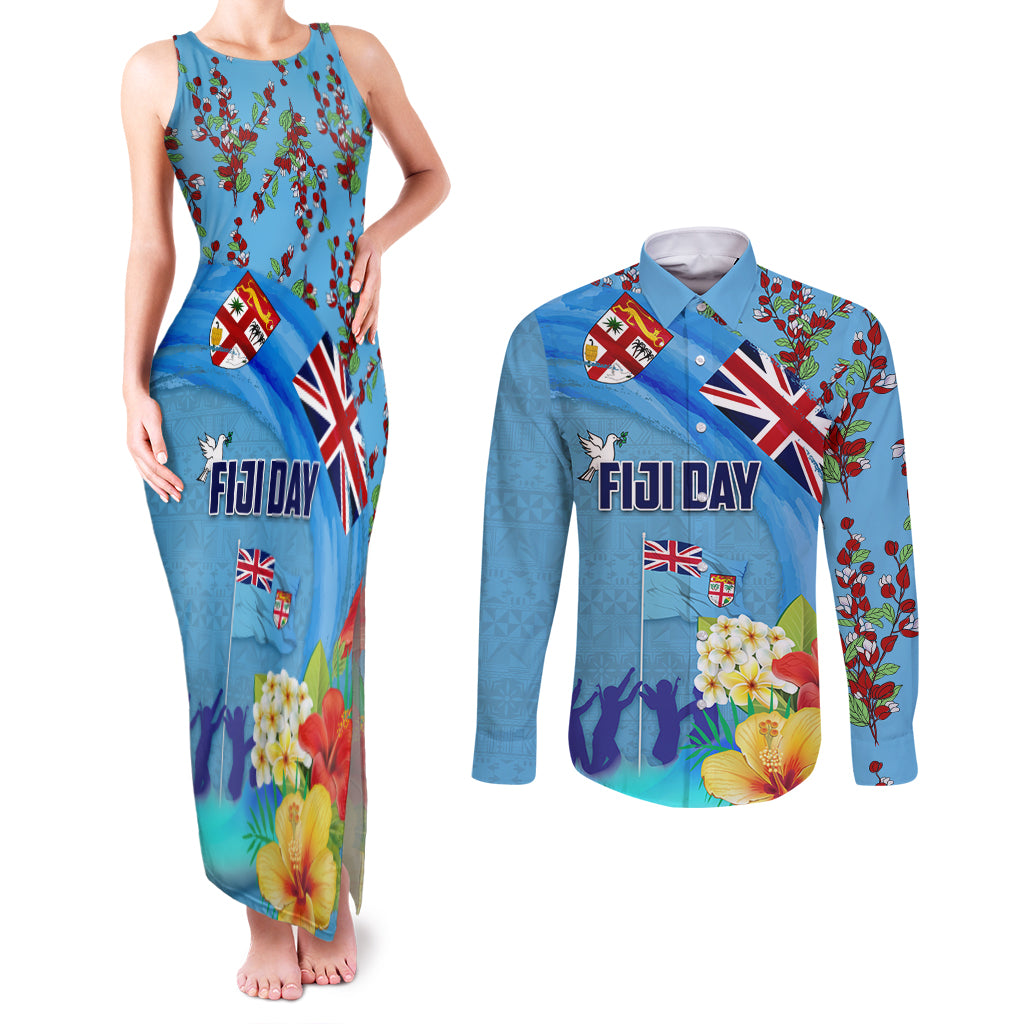 Fiji Day Couples Matching Tank Maxi Dress and Long Sleeve Button Shirt Tagimoucia Flower and Melanesia Pattern LT03 Blue - Polynesian Pride