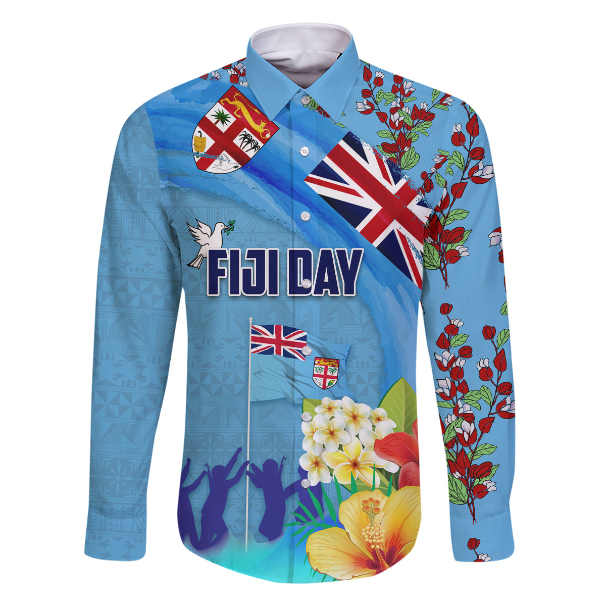 Fiji Day Family Matching Long Sleeve Bodycon Dress and Hawaiian Shirt Tagimoucia Flower and Melanesia Pattern LT03 Dad's Shirt - Long Sleeve Blue - Polynesian Pride