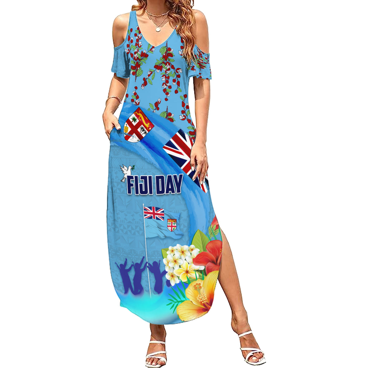 Fiji Day Family Matching Summer Maxi Dress and Hawaiian Shirt Tagimoucia Flower and Melanesia Pattern