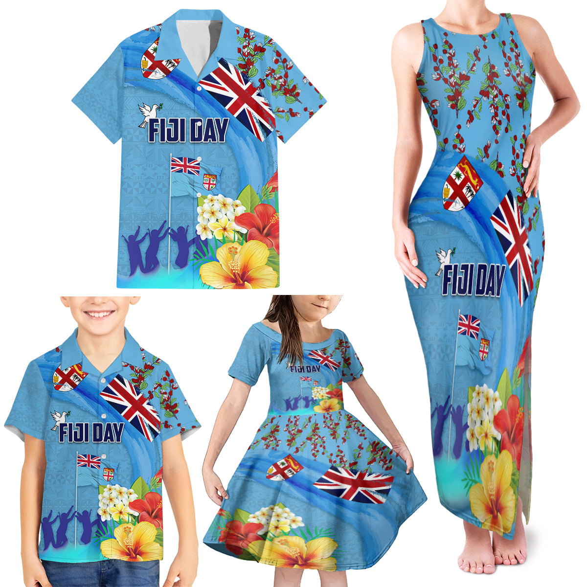 Fiji Day Family Matching Tank Maxi Dress and Hawaiian Shirt Tagimoucia Flower and Melanesia Pattern LT03 - Polynesian Pride