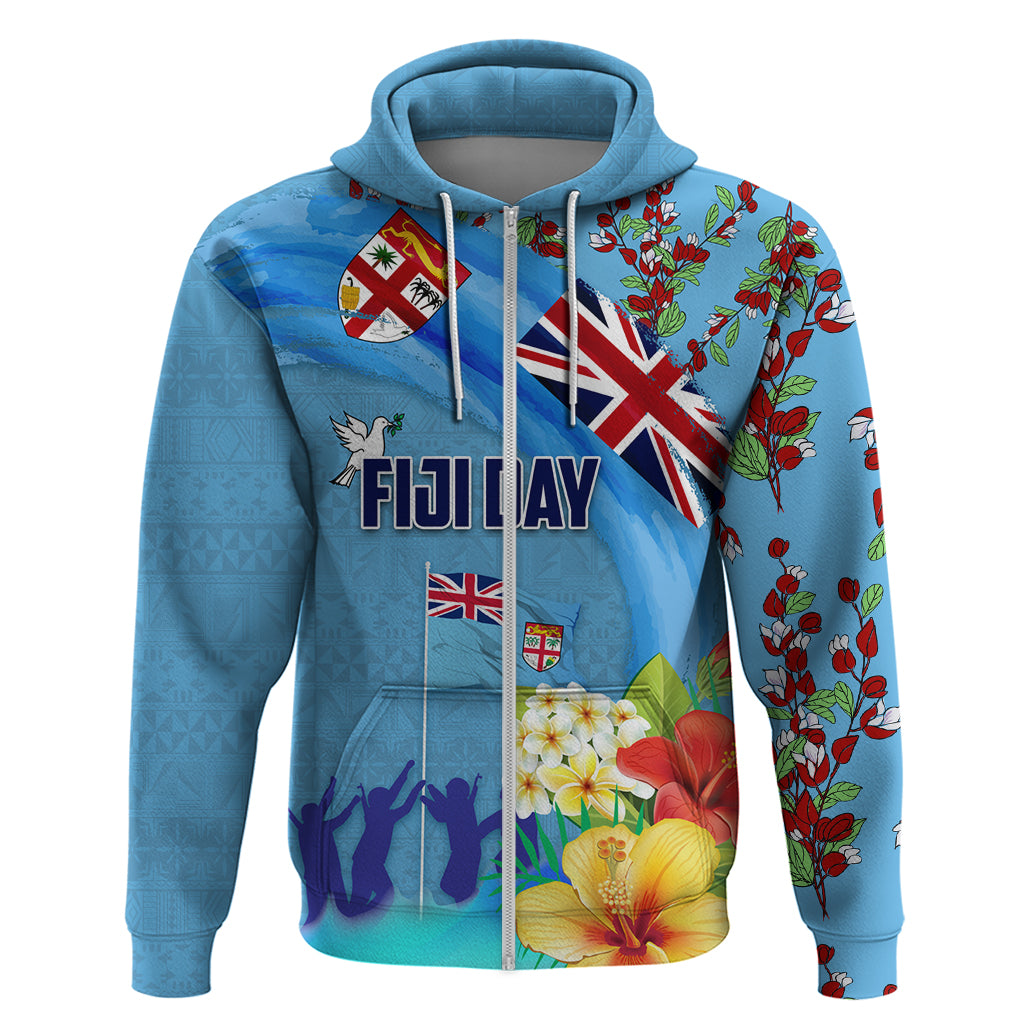 Fiji Day Hoodie Tagimoucia Flower and Melanesia Pattern LT03 Zip Hoodie Blue - Polynesian Pride