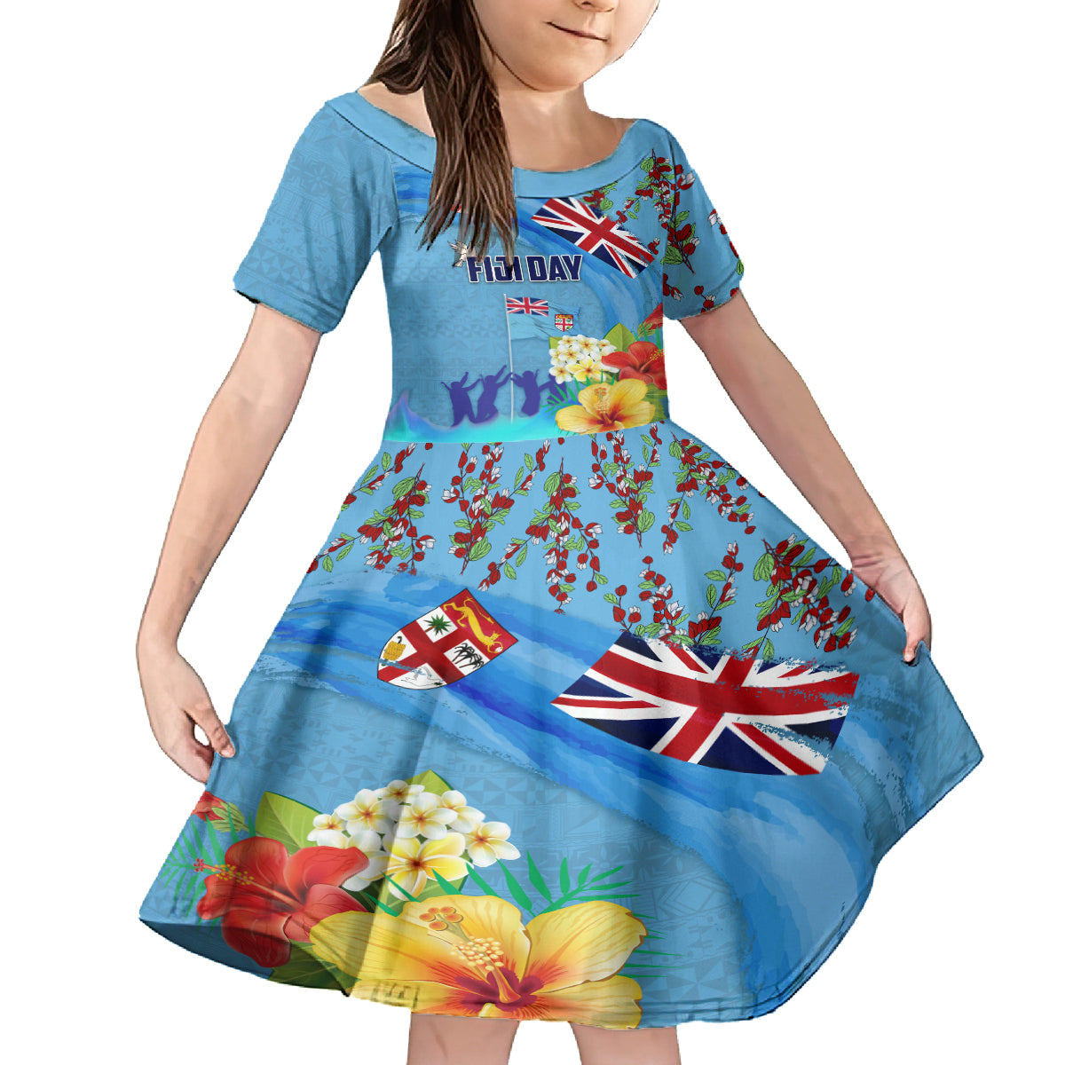 Fiji Day Kid Short Sleeve Dress Tagimoucia Flower and Melanesia Pattern LT03 KID Blue - Polynesian Pride