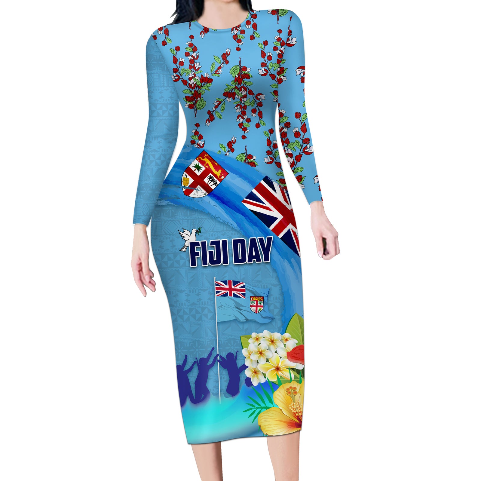 Fiji Day Long Sleeve Bodycon Dress Tagimoucia Flower and Melanesia Pattern LT03 Long Dress Blue - Polynesian Pride