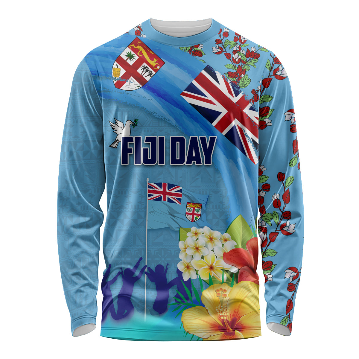 Fiji Day Long Sleeve Shirt Tagimoucia Flower and Melanesia Pattern LT03 Unisex Blue - Polynesian Pride
