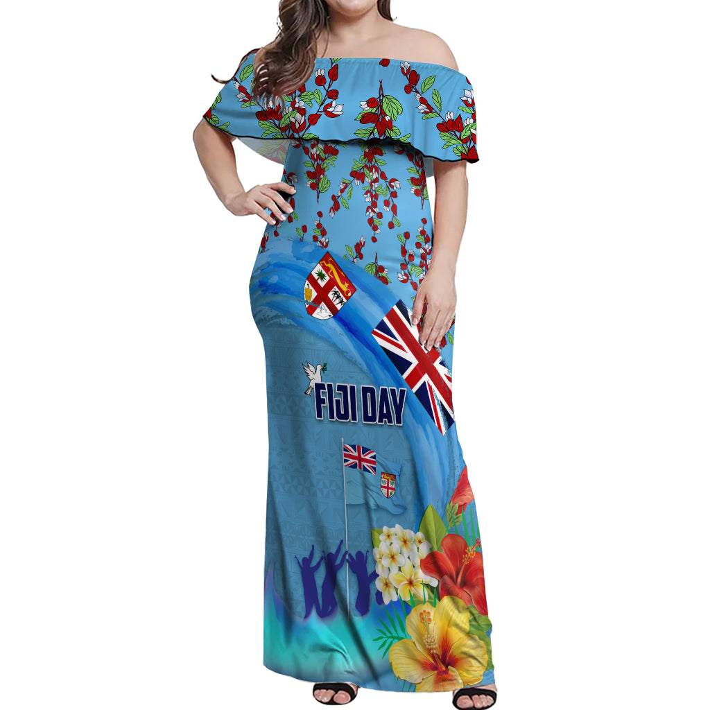 Fiji Day Off Shoulder Maxi Dress Tagimoucia Flower and Melanesia Pattern LT03 Women Blue - Polynesian Pride