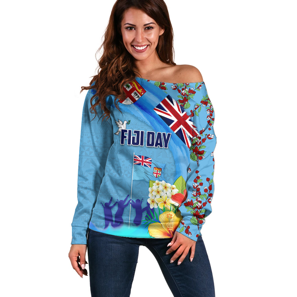 Fiji Day Off Shoulder Sweater Tagimoucia Flower and Melanesia Pattern LT03 Women Blue - Polynesian Pride