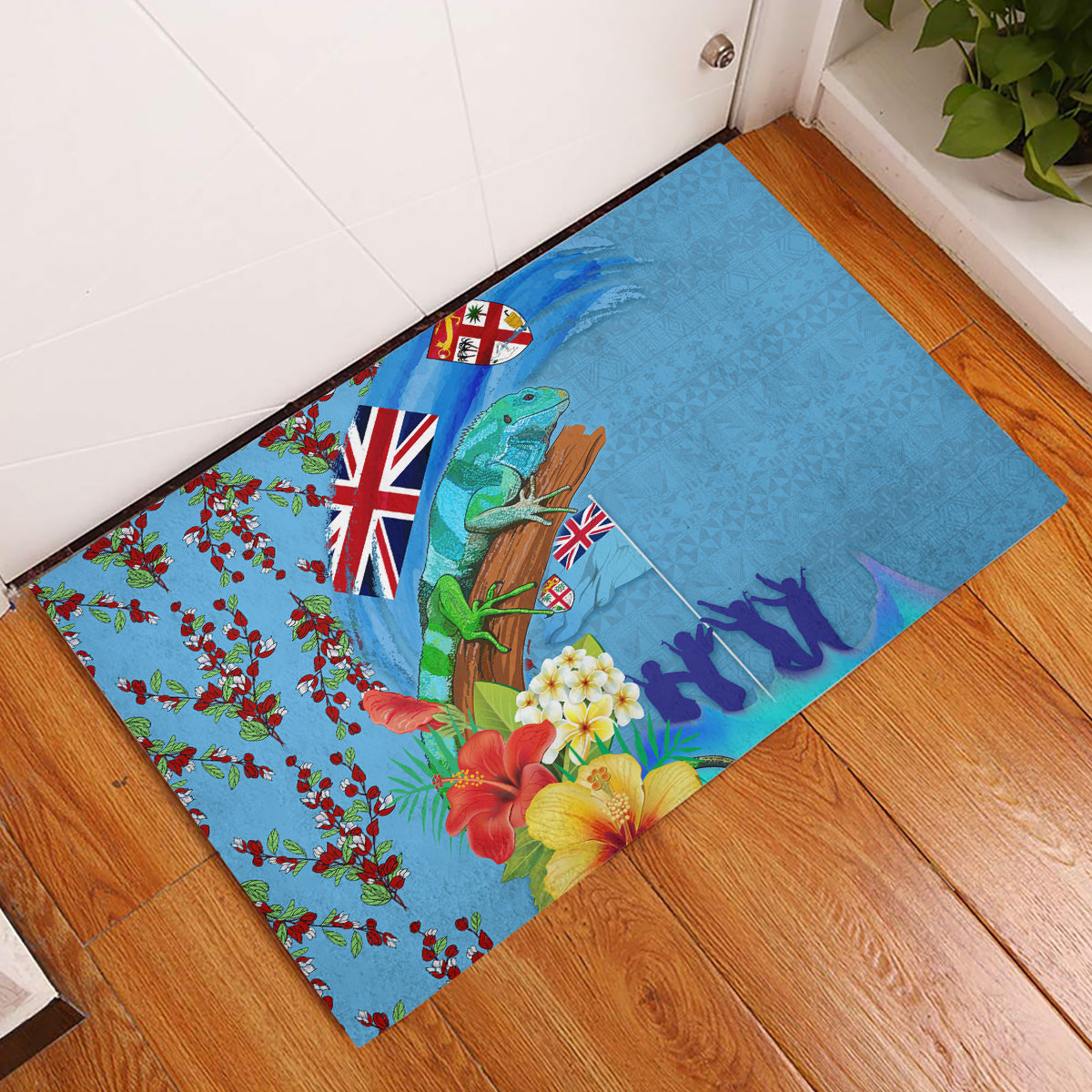Fiji Day Rubber Doormat Tagimoucia Flower and Melanesia Pattern LT03 Blue - Polynesian Pride