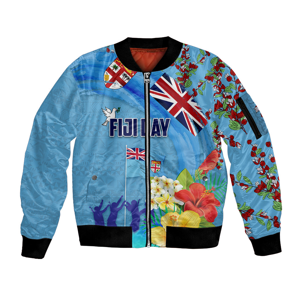 Fiji Day Sleeve Zip Bomber Jacket Tagimoucia Flower and Melanesia Pattern LT03 Unisex Blue - Polynesian Pride